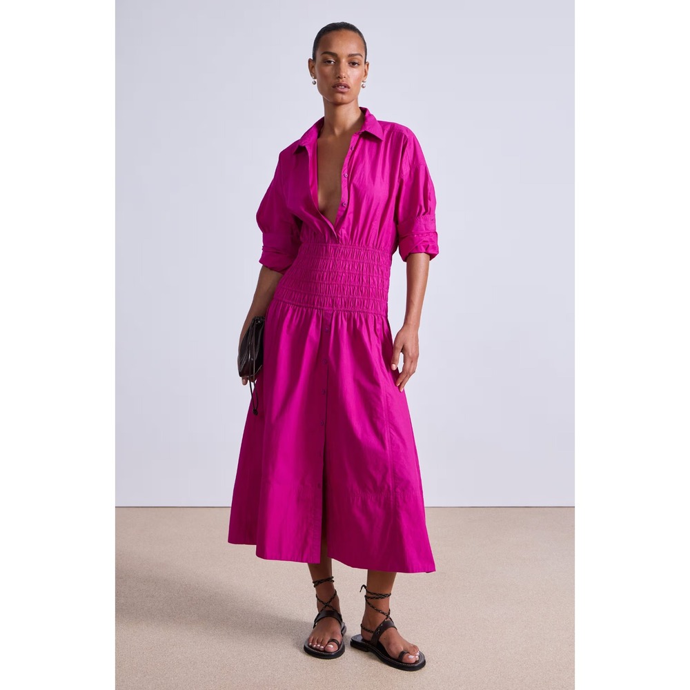 Apiece Apart Smocked Shirt Dress NWT Sz S Fuchsia Midi Cotton Poplin Collared - Picture 3 of 10
